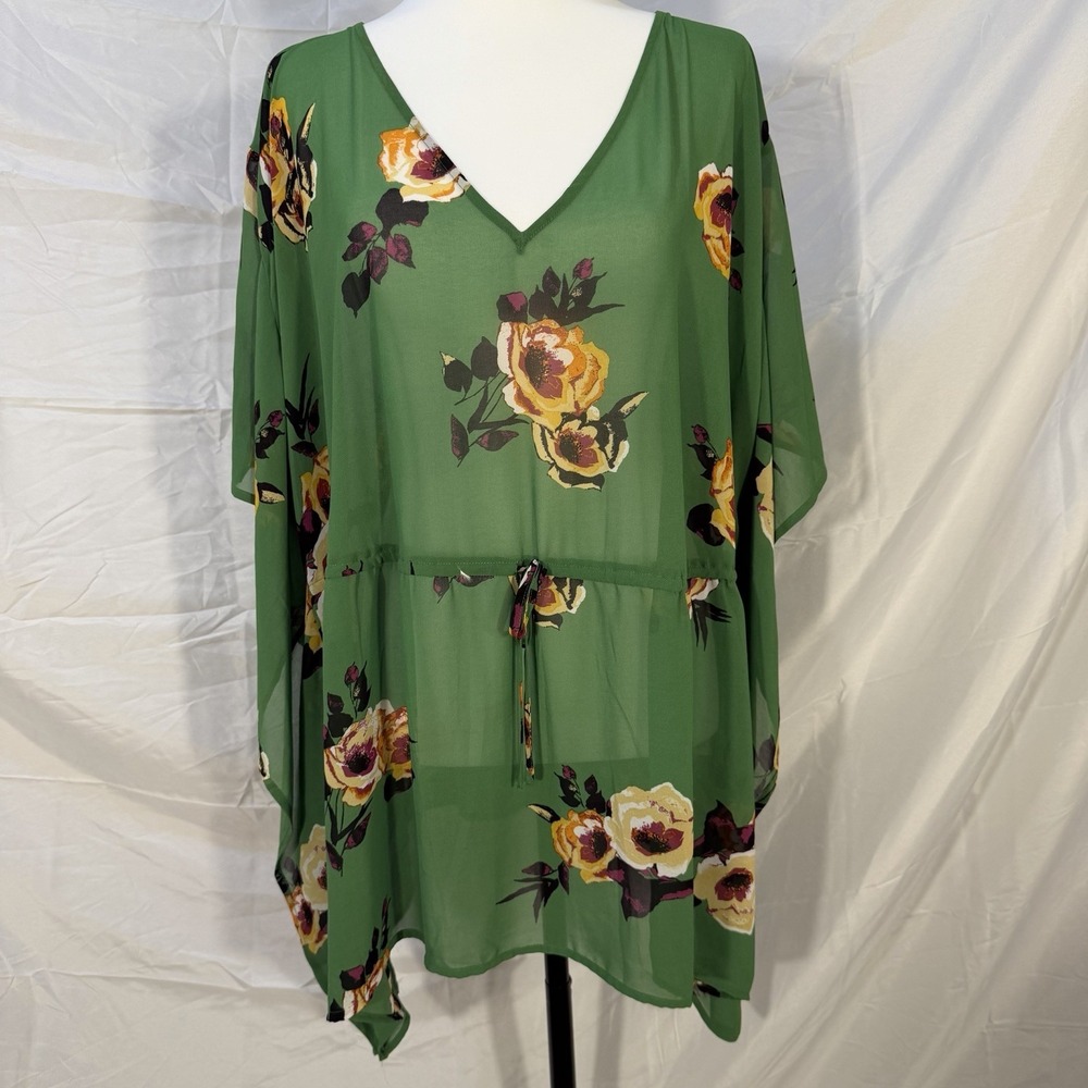 Lane Bryant Women Green Floral Kimono Sheer Chiffon Swim Cover Up Tunic 18/20